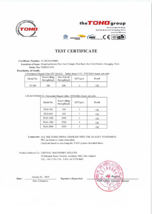 LIFTING MAGNET: TEST CERTIFICATE