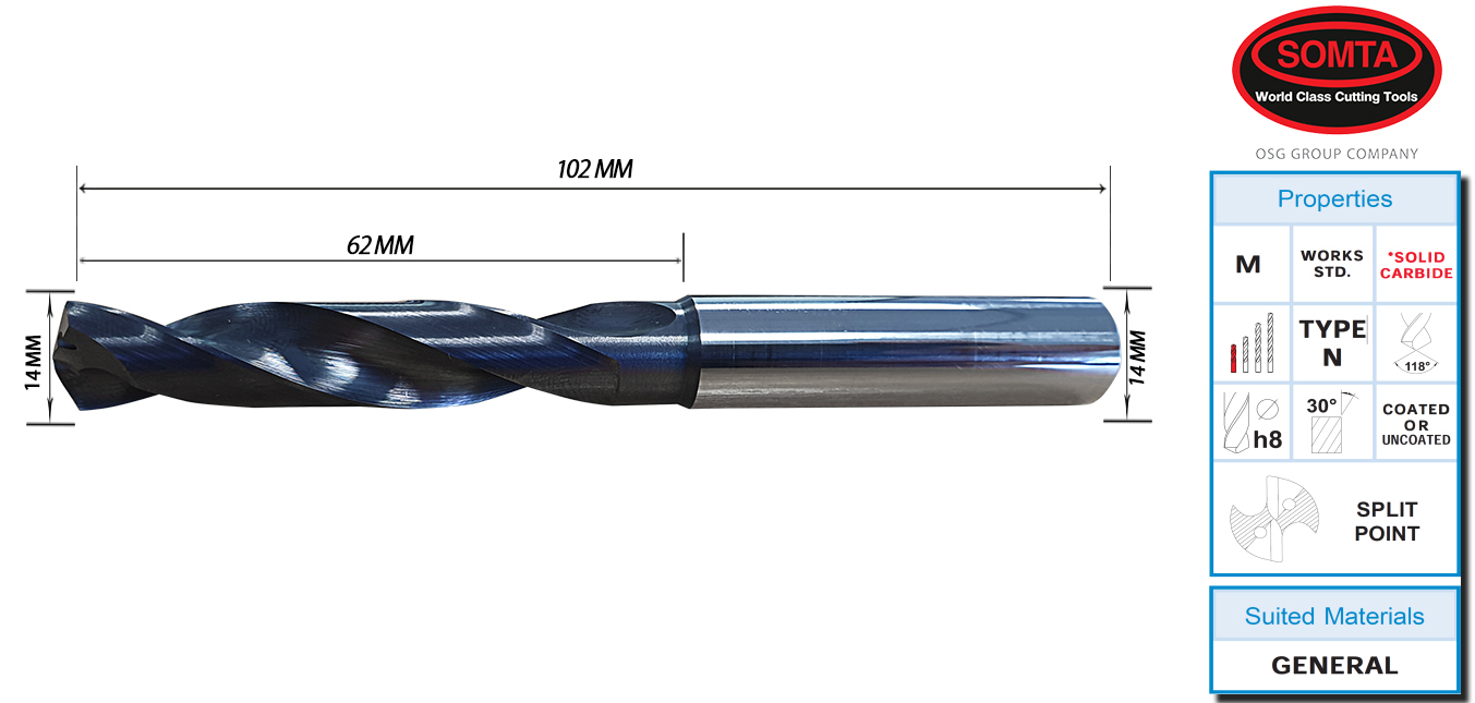 14.00 mm CARBIDE COOLANT JOBBER DRILL X.TREME COATING (SOMTA)