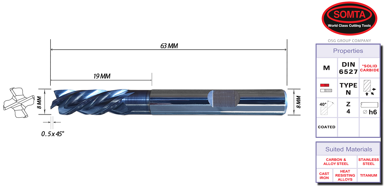 END MILL: 8.0MM CARBIDE VARICUT TIAIN COATED 4 FLUTE  (SOMTA)