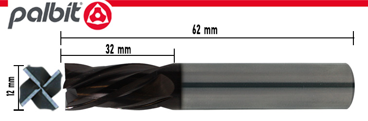 END MILL: 12.0MM CARBIDE TIAIN COATED 4 FLUTE  (PALBIT)