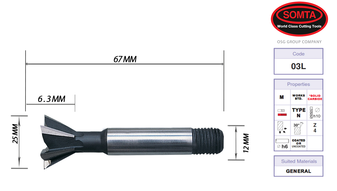 DOVETAIL CUTTER: 25MM X 12 45DEG (SOMTA)