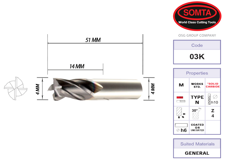 END MILL: 4.0MM CARBIDE 4 FLUTE STANDARD (SOMTA)