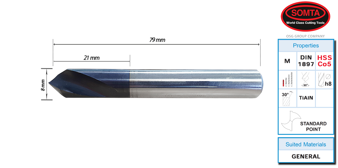 NC SPOTTING DRILL: 8MM 90DEG HSS-M42 8% COBALT