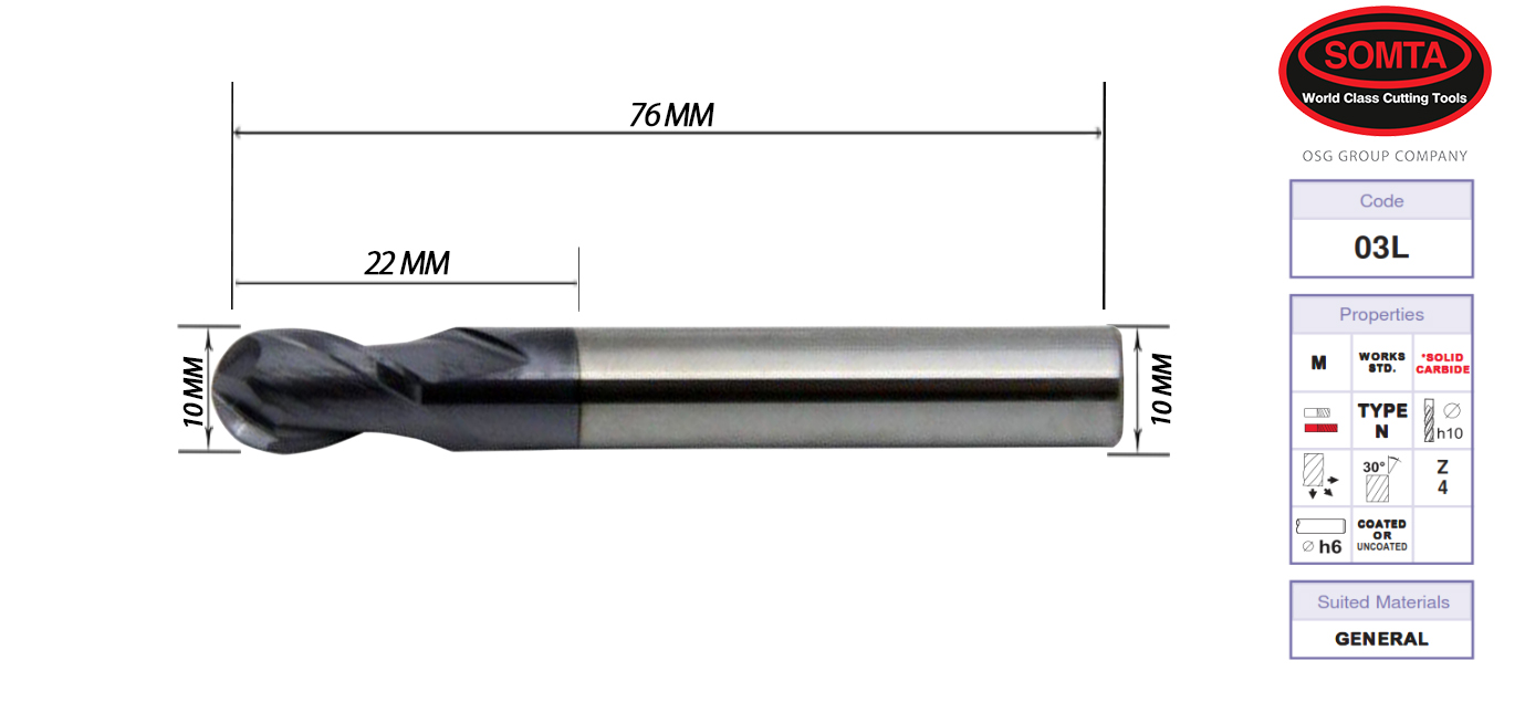 BALL NOSE: CARBIDE 10.0 X 72.0 X 10.0MM 2FL COATED (SOMTA)